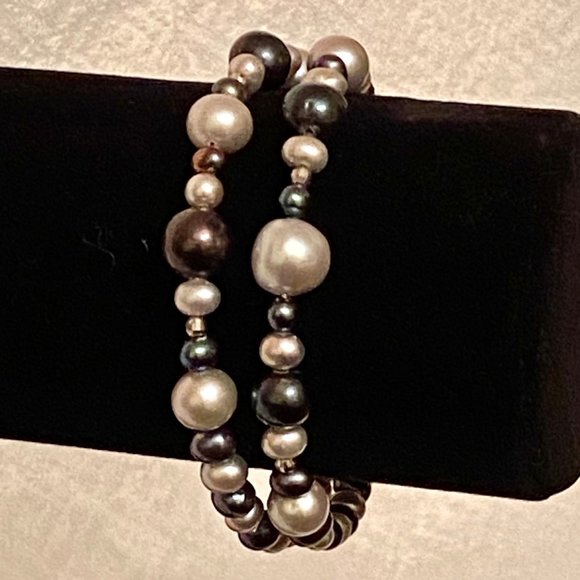 Rich Multi-colored Two-strand Pearl Stretch Bracelet, 6"-9" - Picture 3 of 11